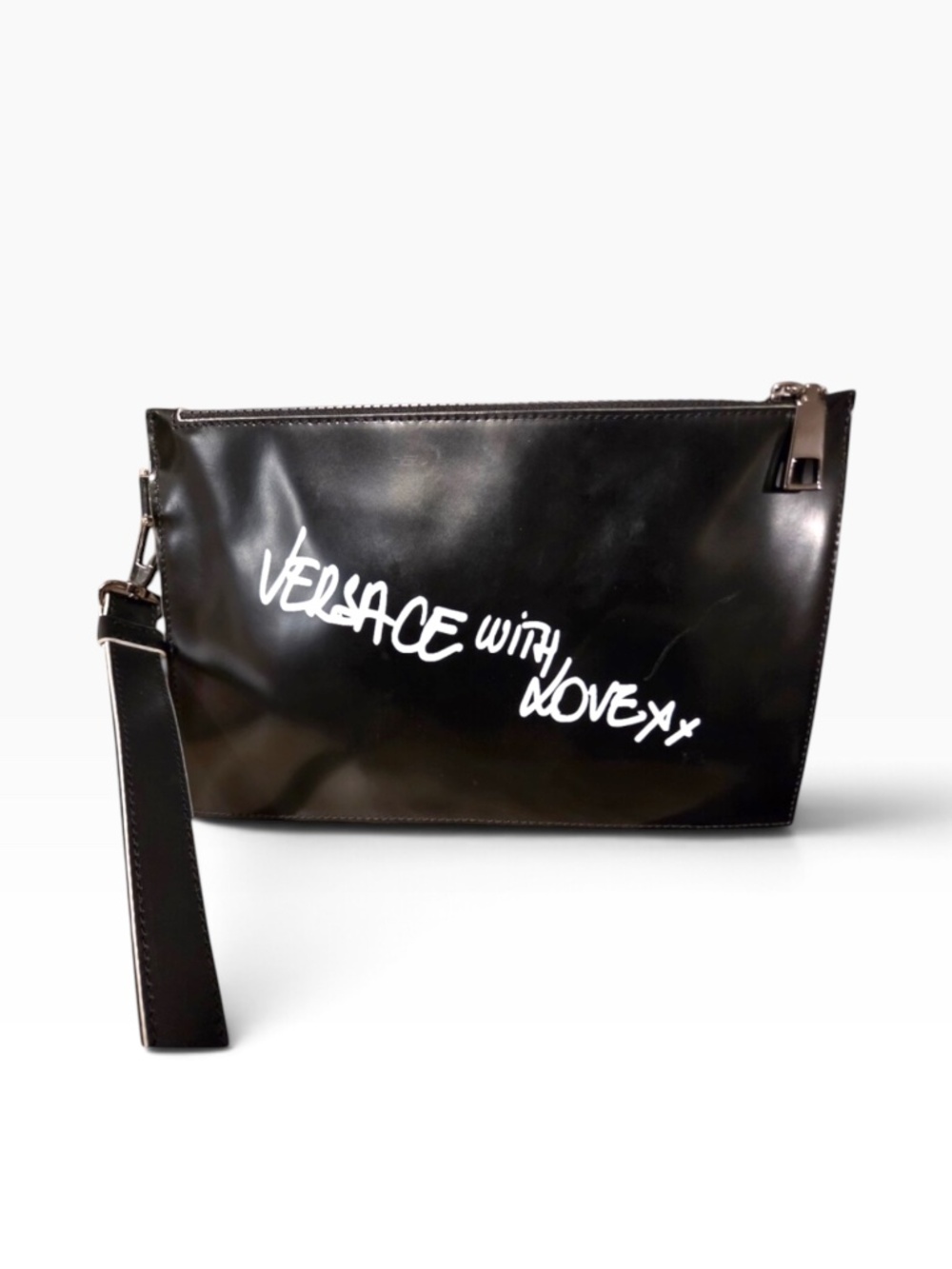 Versace With Love Black Leather White Text Large Clutch Wristlet
